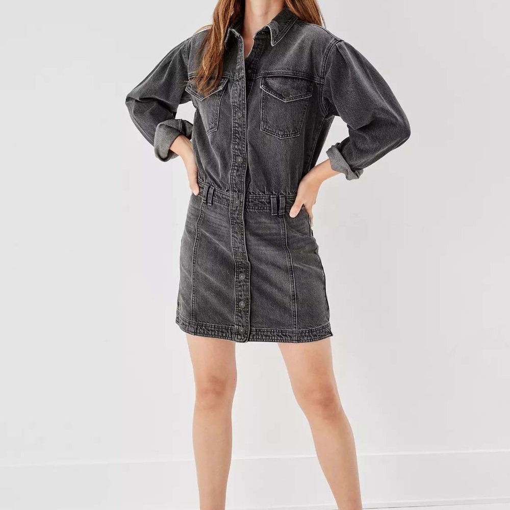 American Eagle Washed Black Denim Button Front‎ Long Sleeve Mini Dress Womens S